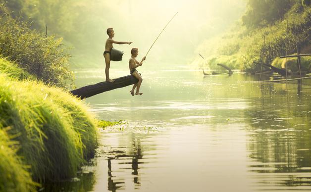 countryside scene picture children fishing river view