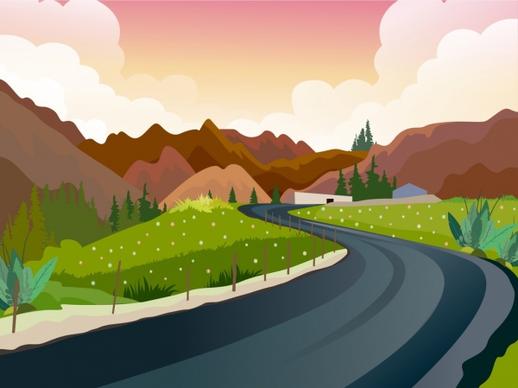 countryside scenery painting mountain road field icons decor