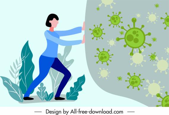covid 19 banner woman pushing virus cartoon design
