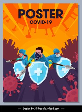 covid epidemic poster fighting doctors virus icons sketch