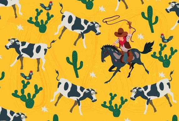 cowboy background cows cactus icons repeating design