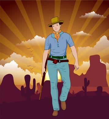 cowboy background man icon colored cartoon rays backdrop