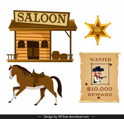 cowboy design elements saloon horse medal wanted sketch