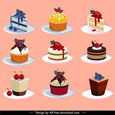 cream cakes icons colorful fruity decor 3d sketch