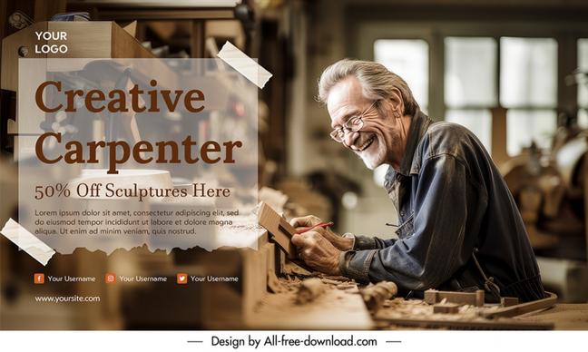 creative carpenter banner template dynamic smiling old man