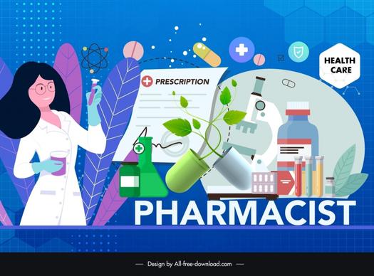 creative pharmacists banner template cartoon lady lab tool elements