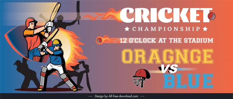 cricket banner template flat dynamic silhouette cartoon design players fireballs sketch 