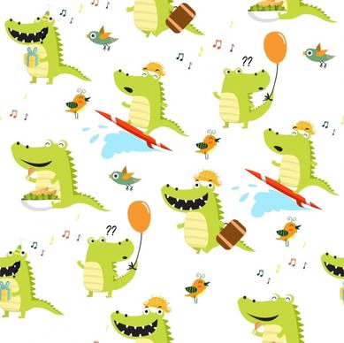 crocodile birds background funny icons repeating decoration