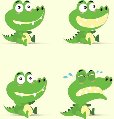 crocodile emotional icons collection cute stylized green isolation