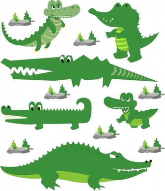 crocodile icons collection green stylized design
