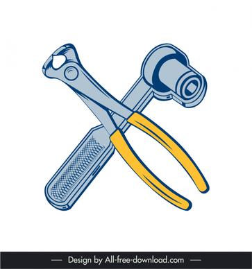 cross wrench tools icons flat sketch