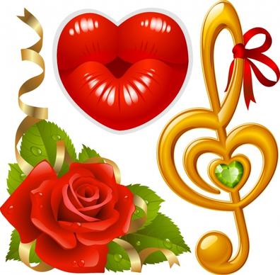 valentines design elements kiss rose music note sketch