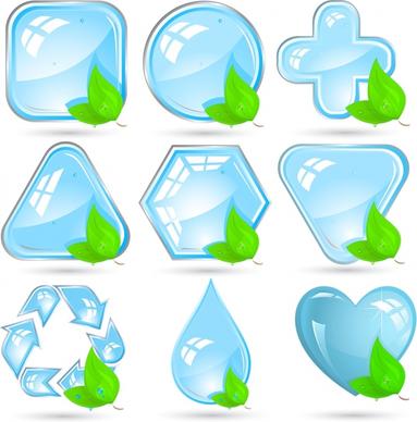 ecology signs collection shiny crystal leaf icons decor