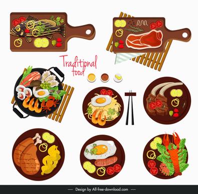 cuisines sets icons colorful flat sketch