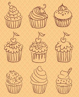 cupcakes icons sets various shapes hand drawn sketch