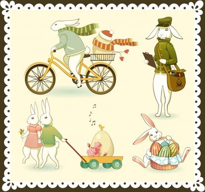 easter design elements rabbit characters stylized cartoon design