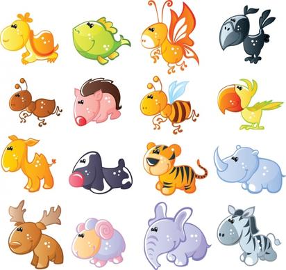 animals icons cute cartoon characters