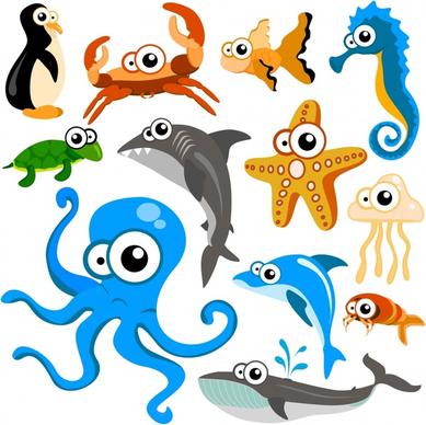 marine species icons cute cartoon characters sketch