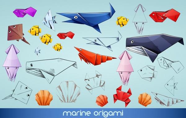 origami marine creatures icons colorful handdrawn sketch