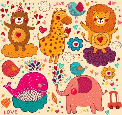 cute cartoon floral animals pattern vector set