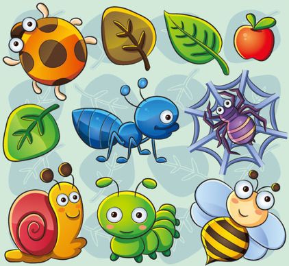 cute cartoon insects and plants vector