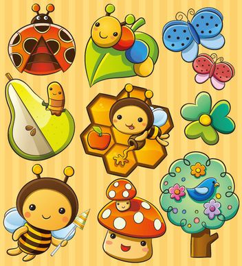 cute cartoon insects and plants vector