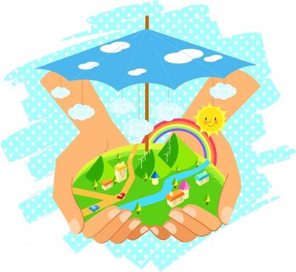 ecology background holding hands land umbrella icons decor