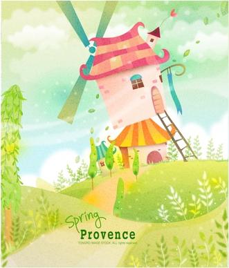 card background colorful cute cartoon design countryside scenery