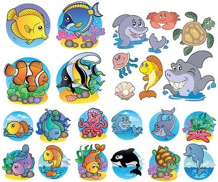 cute marine animals icons colored cartoon style