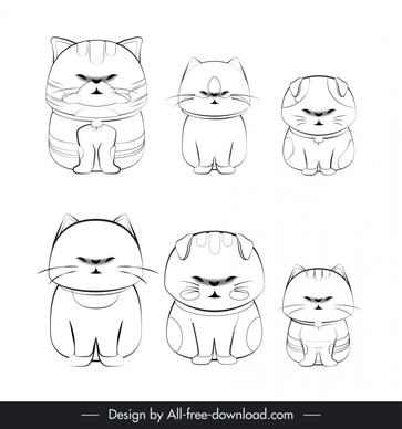cute cats icons funny flat black white handdrawn outline
