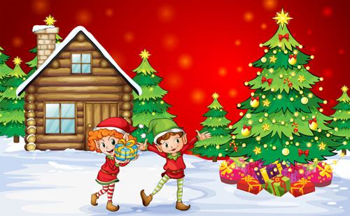 cute children and christmas tree vector
