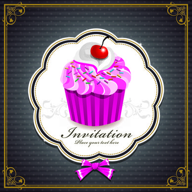 cute cupcakes invitations cards vector set
