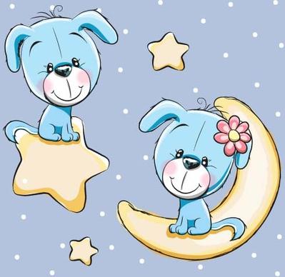 cute dog with stars and moon card vector