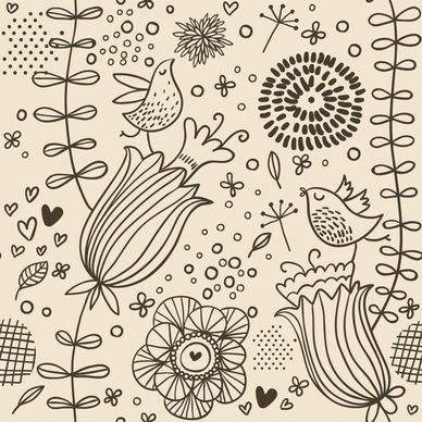 nature painting flowers birds icons handdrawn sketch