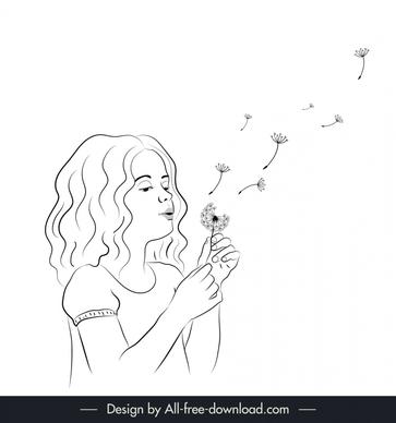 cute girl blowing on dandelion seeds icon cute handdrawn cartoon sketch