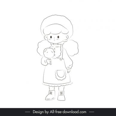 cute girl design elements black white handdrawn outline 