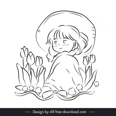 cute girl design elements handdrawn flowers sketch