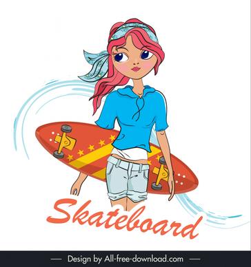 cute girl with skateboard icon cartoon character sketch