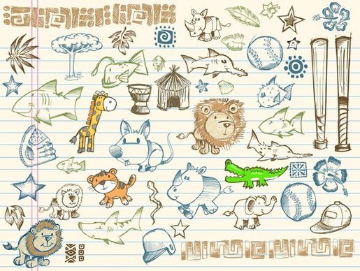 life animals objects icons colored handdrawn sketch
