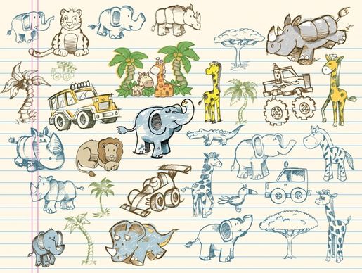 africa design elements animals vehicles sketch handdrawn design