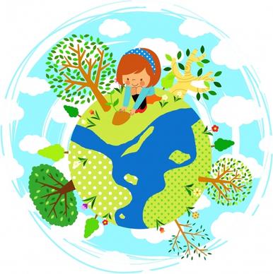 ecology background girl planting tree earth icons