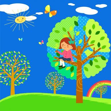 childhood painting playful girl trees icons cartoon design