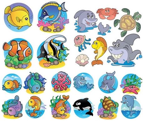 marine species icons cute colored cartoon sketch