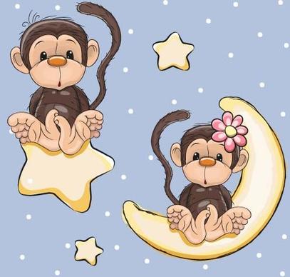 cute monkey with stars and moon card vector