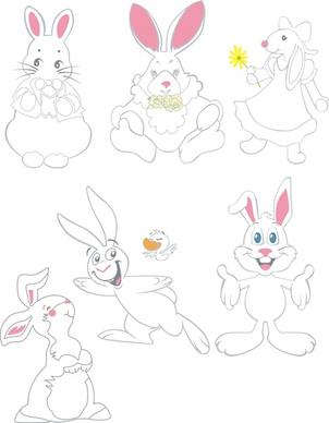 rabbit icons cute cartoon character handdrawn outline