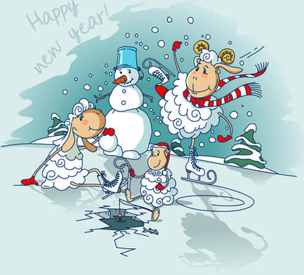 cute sheeps with snowman new year background