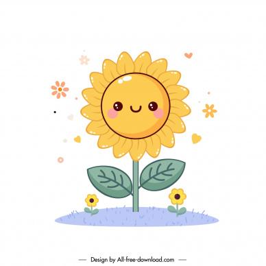 cute sunflower smiling design elements stylized flat cartoon