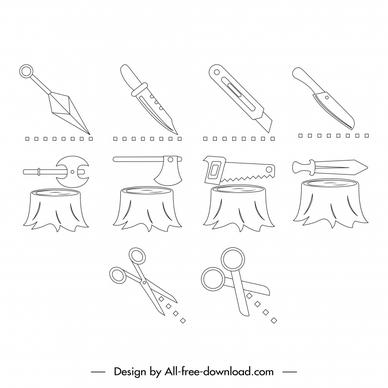 cutting work icons sets flat handdrawn knife axe scissors sketch