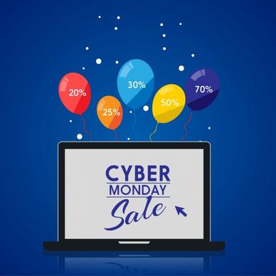 cyber monday sale banner colorful balloons laptop screen