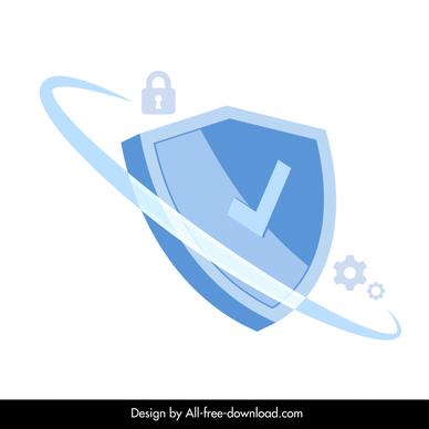 cyber security sign icon dynamic 3d shield curves checked sign gears sketch